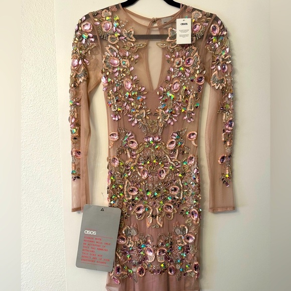 ASOS Pink Mesh & Bejeweled Dress with Slip - US Size 0 - Picture 3 of 12
